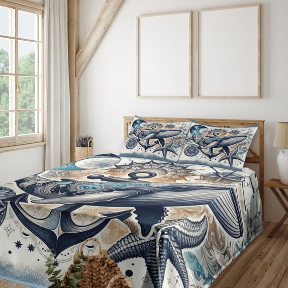 Ambesonne Nautical Fitted & Top Sheet Set with Sham, Whale Anchor Mandala Night, Indigo and Amber