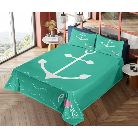 Ambesonne Nautical Fitted & Top Sheet Set with Shams, Anchor Heart Shapes, Green Pink White