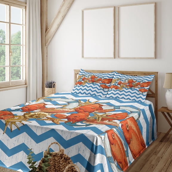 Ambesonne Nautical Fitted & Top Sheet Set with Shams, Fish Shell Ahoy Chevron, Multicolor