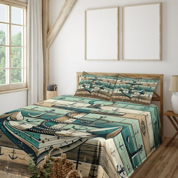 Ambesonne Nautical Fitted & Top Sheet Set with Shams, Rustic Anchor Wooden Look, Teal Seafoam Pale Brown