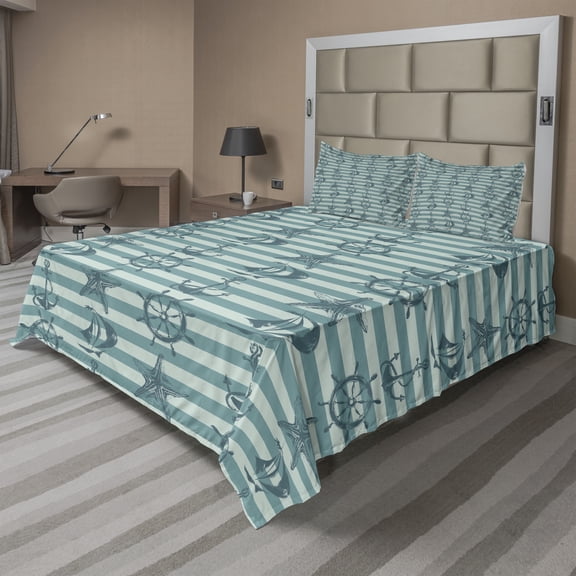 Ambesonne Nautical Fitted & Top Sheet Set with Shams, Ship Wheel Anchor, Teal Beige