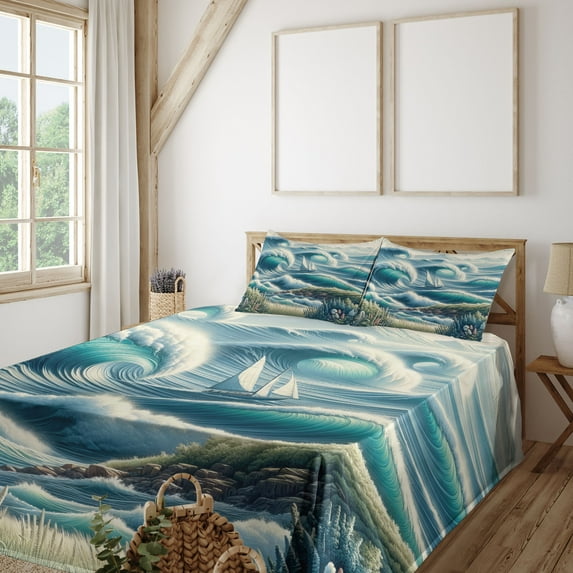 Ambesonne Nautical Fitted & Top Sheet Set with Shams, Swirling Huge Waves Boat, Reseda Green Teal and Blue