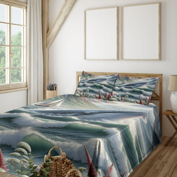 Ambesonne Nautical Fitted & Top Sheet Set with Shams, Whale Mountains and Boat, Sea Green Blue and Ruby