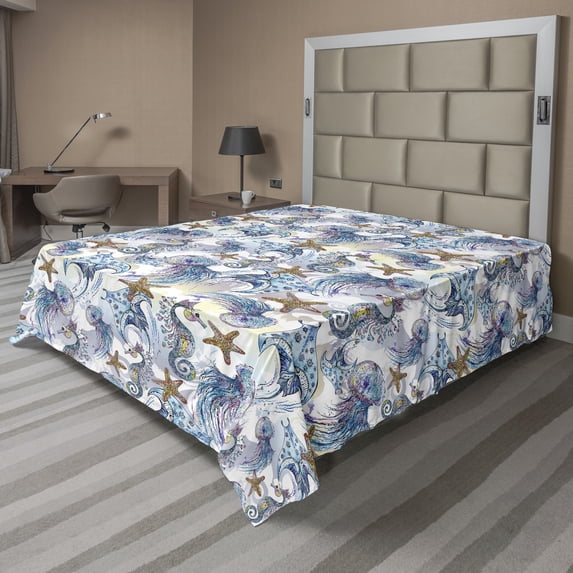 Ambesonne Nautical Flat Bedding Sheet Soft Top Sheet, Seahorse Starfish Pattern, Queen, Soft Blue Almond Ecru