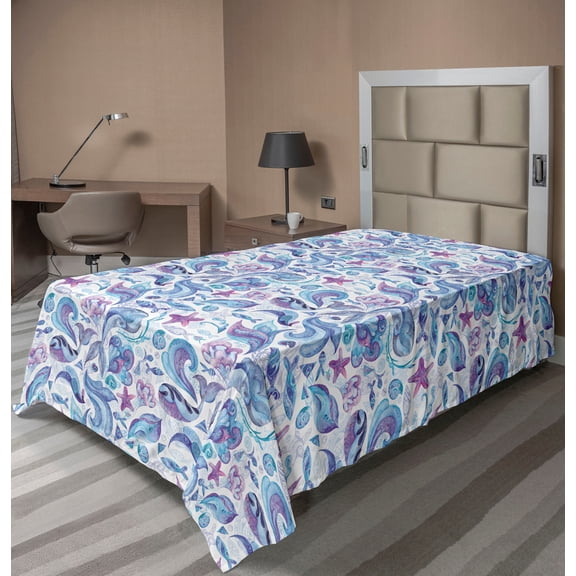 Ambesonne Nautical Flat Bedding Sheet Soft Top Sheet, Whales Starfishes Seashell, Twin XL, Pale Sky Blue and Violet
