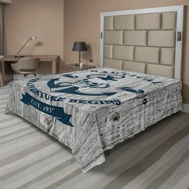 Ambesonne Nautical Flat Sheet, Anchor Skull Sea, California King, Beige Navy Blue