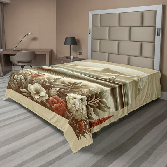 Ambesonne Nautical Flat Sheet, Floral Sea Shore and Boat, King Size, Grey Yellow Dark Salmon