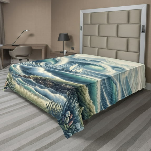 Ambesonne Nautical Flat Sheet, Swirling Huge Waves Boat, Queen Size, Reseda Green Teal and Blue