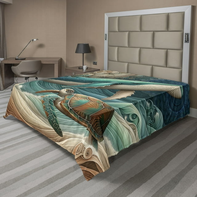 Ambesonne Nautical Flat Sheet, Teal Ocean Whale Turtle, Queen Size, Teal Ecru and Pale Cinnamon