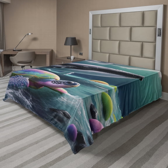 Ambesonne Nautical Flat Sheet, Trippy Turtle with a Whale, King Size, Teal Multicolor