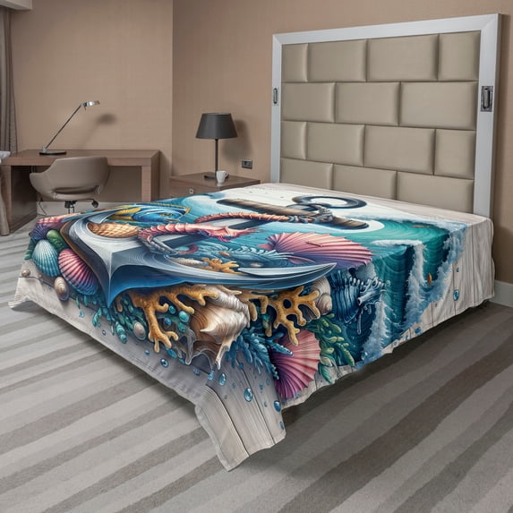 Ambesonne Nautical Flat Sheet, Underwater Around Anchor, California King, Teal Pink and Coconut