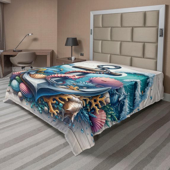 Ambesonne Nautical Flat Sheet, Underwater Around Anchor, Queen Size, Teal Pink and Coconut