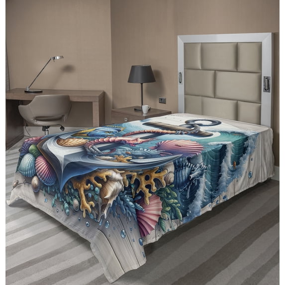 Ambesonne Nautical Flat Sheet, Underwater Around Anchor, TwinXL Size, Teal Pink and Coconut