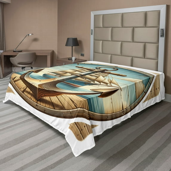 Ambesonne Nautical Flat Sheet, Vintage Maritime Anchor, Queen Size, Pale Brown and Soft Blue