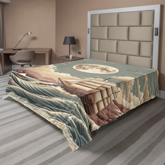 Ambesonne Nautical Flat Sheet, Waves Ship Japanese Style, Queen Size, Pale Teal Tan Dried Rose