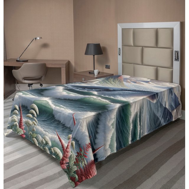 Ambesonne Nautical Flat Sheet, Whale Mountains and Boat, TwinXL Size, Sea Green Blue and Ruby