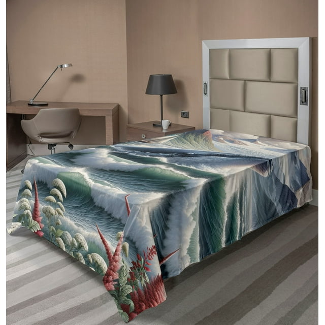 Ambesonne Nautical Flat Sheet, Whale Mountains and Boat, TwinXL Size, Sea Green Blue and Ruby