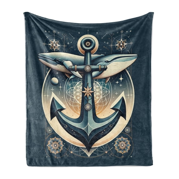 Ambesonne Nautical Fleece Throw Blanket Anchor with Whales Compass 60"x80" Petrol Blue Beige