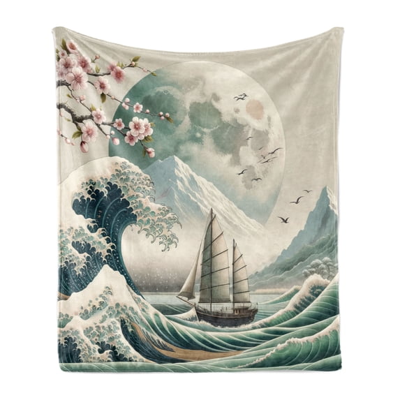 Ambesonne Nautical Fleece Throw Blanket Asian Wave Cherry Blossom 60"x80" Seafoam Coconut Pink