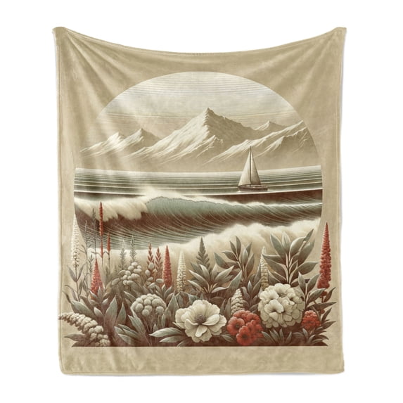 Ambesonne Nautical Fleece Throw Blanket Floral Sea Shore and Boat 50"x60" Grey Yellow Dark Salmon