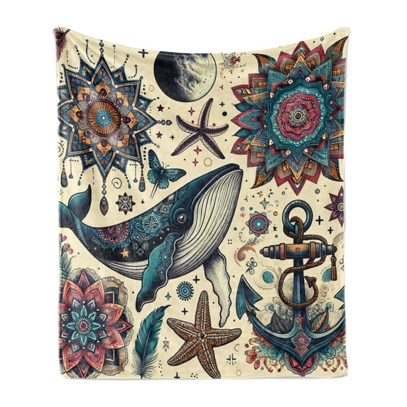 Ambesonne Nautical Fleece Throw Blanket Mandala Feathers Anchor 70"x90" Ivory Teal and Coral