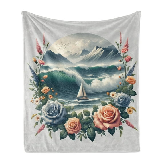 Ambesonne Nautical Fleece Throw Blanket Sailboat in Rose Wreath 50"x60" Teal Salmon and Slate Blue