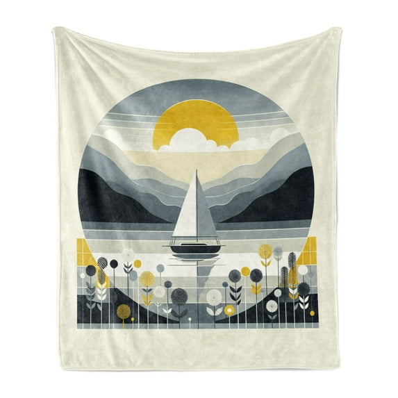 Ambesonne Nautical Fleece Throw Blanket Scandinavian Sailboat Sea 70"x90" Blue Grey and Earth Yellow