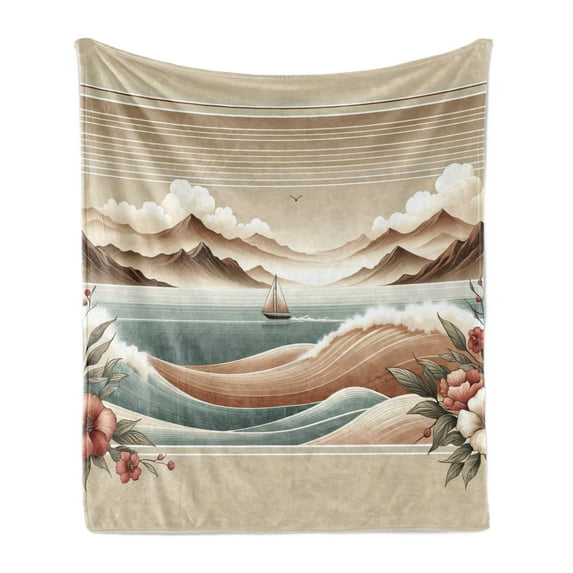 Ambesonne Nautical Fleece Throw Blanket Serene Horizon Sailboat 50"x60" Tan Sepia and Pale Seafoam