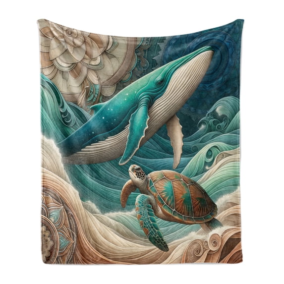 Ambesonne Nautical Fleece Throw Blanket Teal Ocean Whale Turtle 60"x80" Teal Ecru and Pale Cinnamon