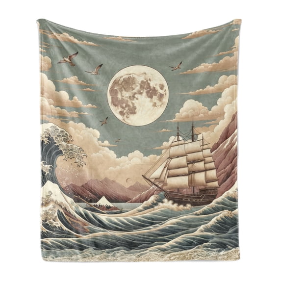Ambesonne Nautical Fleece Throw Blanket Waves Ship Japanese Style 70"x90" Pale Teal Tan Dried Rose