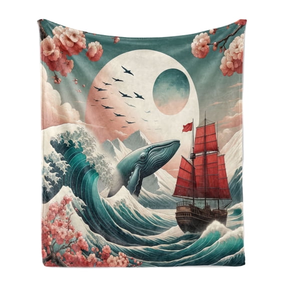 Ambesonne Nautical Fleece Throw Blanket Whale Sakura Spring Ocean 50"x60" Teal Blush and Dark Coral