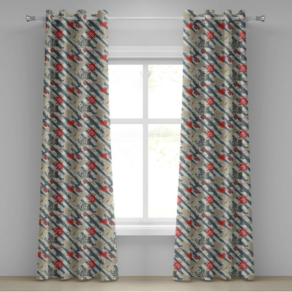 Ambesonne Nautical Grommet Curtain, Grunge Wheel Heart, 50" x 108", Beige Red Blue
