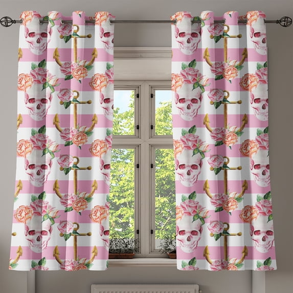 Ambesonne Nautical Grommet Curtain, Marine Skull Anchor, 50" x 54", Pink Green White