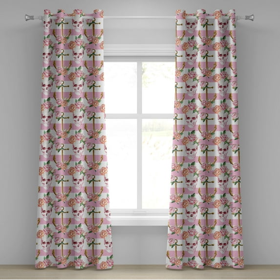 Ambesonne Nautical Grommet Curtain, Marine Skull Anchor, 50" x 84", Pink Green White