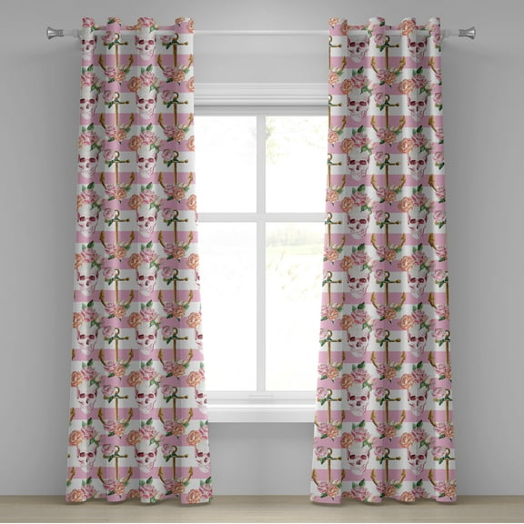 Ambesonne Nautical Grommet Curtain, Marine Skull Anchor, 50" x 96", Pink Green White