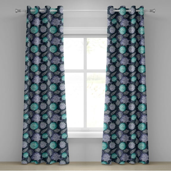 Ambesonne Nautical Grommet Curtain, Ocean Grunge Seashells, 50" x 84", Night Blue Sea Green