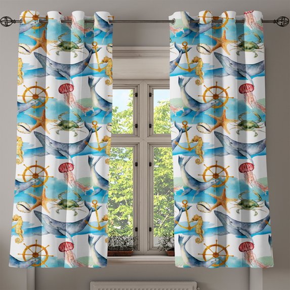 Ambesonne Nautical Grommet Curtain, Ocean Whale Starfish Art, 50"x60", Burnt Sienna Sea Blue