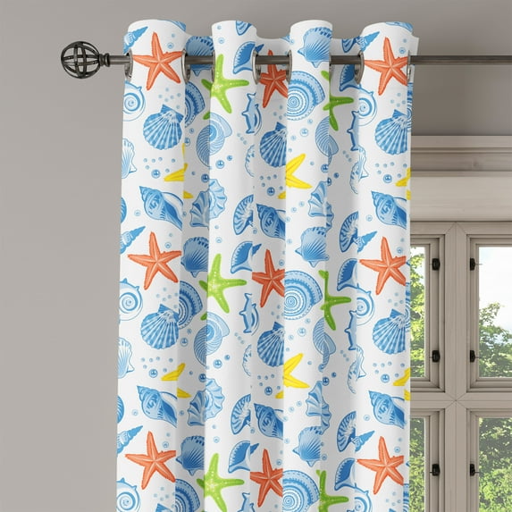 Ambesonne Nautical Grommet Curtain Single Panel, Marine Themed Starfish, 50"x60", Blue and Yellow