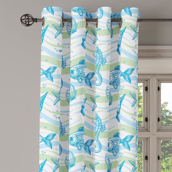 Ambesonne Nautical Grommet Curtain Single Panel, Ocean Shell Starfish, 50"x60", Mint Blue