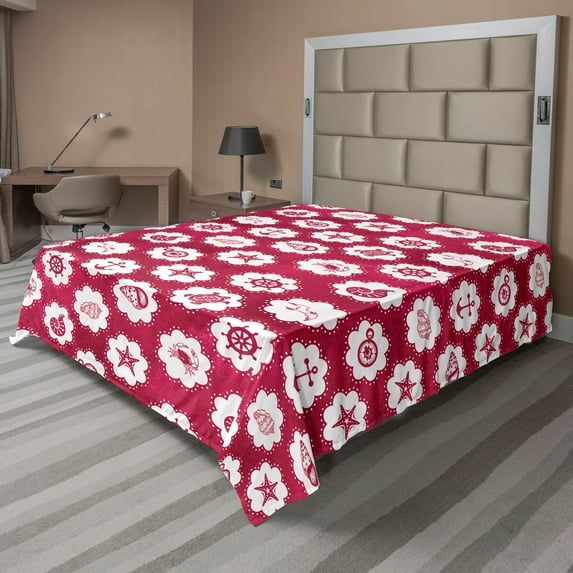 Ambesonne Nautical Illusion Flat Bedding Sheet Soft Top Sheet, Marine Adventures, Queen, Raspberry Off White