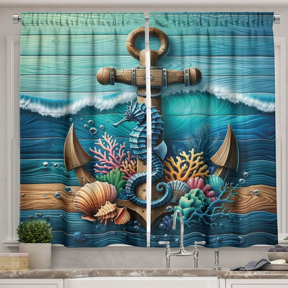 Ambesonne Nautical Kitchen Curtains, Anchor Deep Ocean Life, 55"x45", Sea Blue Amber Teal