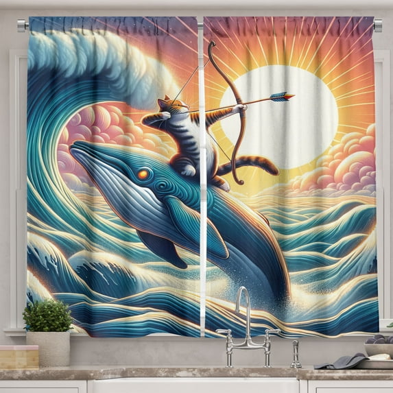 Ambesonne Nautical Kitchen Curtains, Archer Wild Cat on a Whale, 55"x45", Teal Purple and Orange