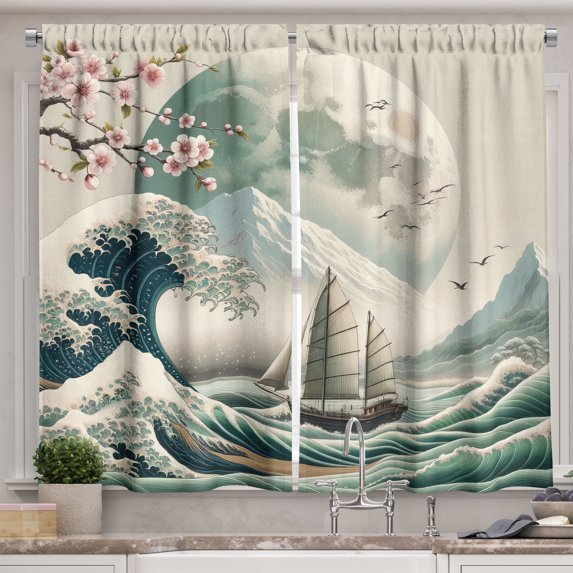 Ambesonne Nautical Kitchen Curtains, Asian Wave Cherry Blossom, 55"x45", Seafoam Coconut Pink