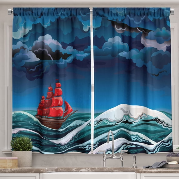Ambesonne Nautical Kitchen Curtains, Cartoon Ship on Waves, 55"x45", Blue Orange Plum
