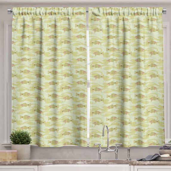 Ambesonne Nautical Kitchen Curtains, Cartoon Waves and Fish, 55"x36", Avocado Green and Ecru