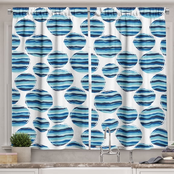 Ambesonne Nautical Kitchen Curtains, Circles with Wavy Lines, 55"x30", Deep Sky Blue White