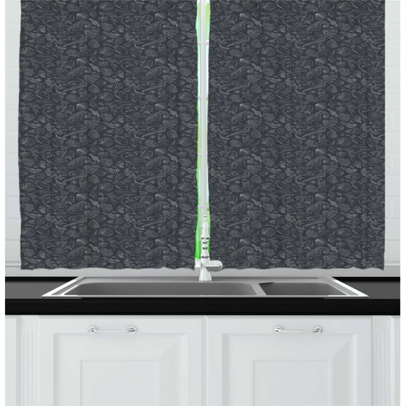 Ambesonne Nautical Kitchen Curtains, Coral Shell Seahorse, 55"x39", Charcoal Grey and White