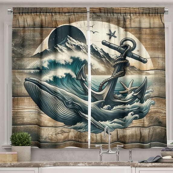 Ambesonne Nautical Kitchen Curtains, Cottage Anchor Whale Waves, 55"x36", Brown and Slate Blue