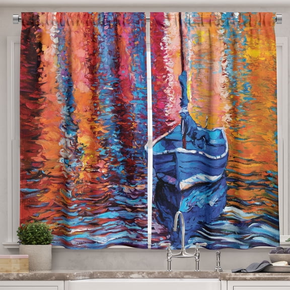 Ambesonne Nautical Kitchen Curtains, Dark Sea Fishing Boat, 55"x36", Multicolor