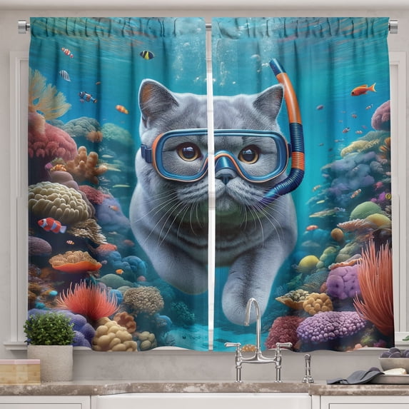 Ambesonne Nautical Kitchen Curtains, Diver Cat in the Ocean, 55"x39", Turquoise Multicolor